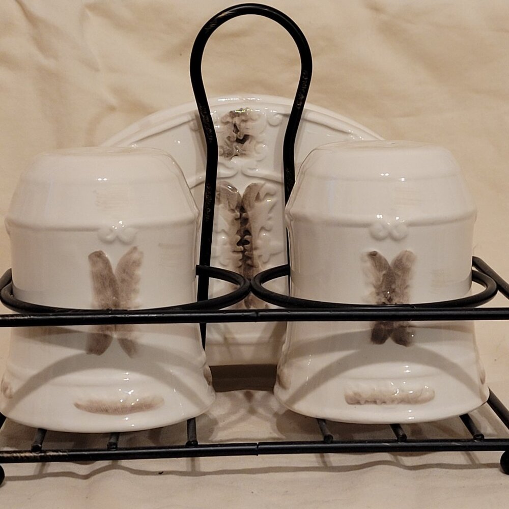 Ceramic Embossed Ivory & Brown AccentD’Lusso Salt & Pepper Shaker, Napkin Holder
